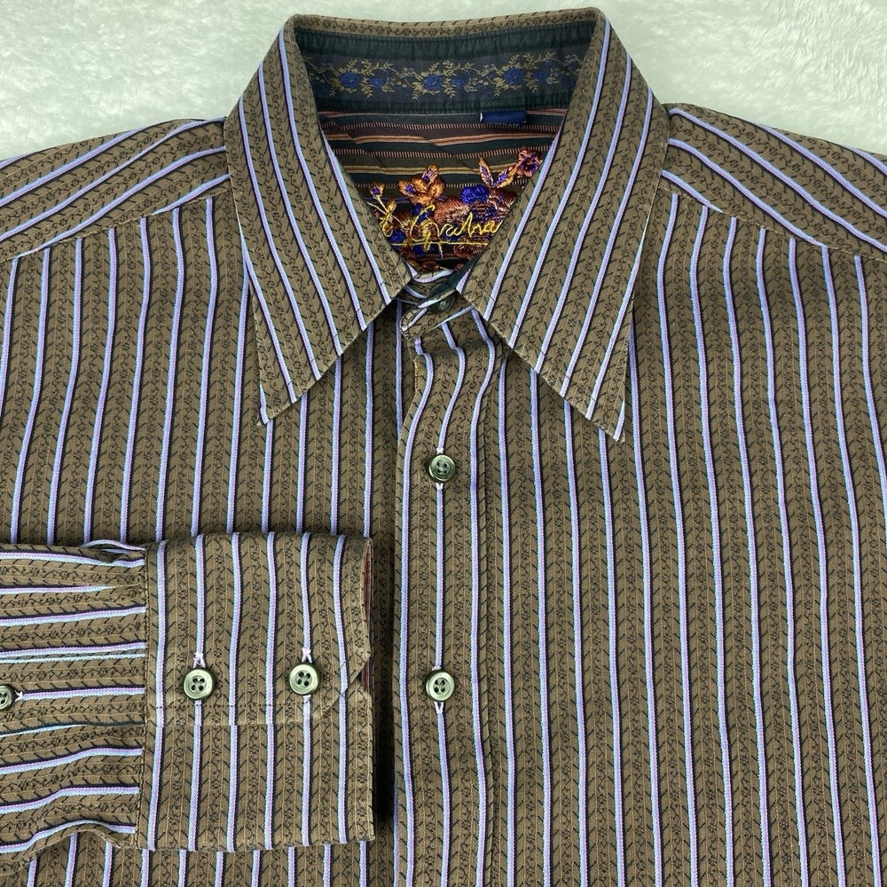 Robert‎ Graham Dress Shirt Mens Large Brown w/Lavender-Blue Stripes Regular Fit